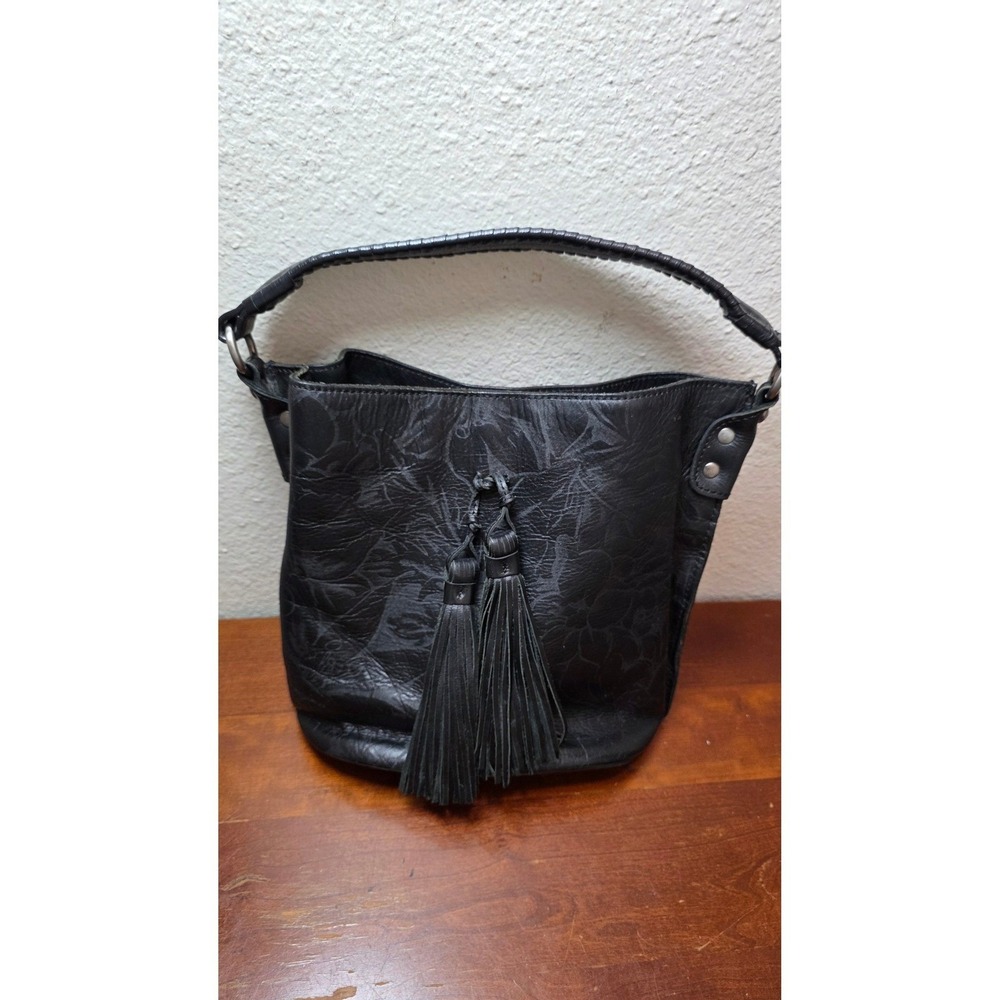 Patricia Nash Bucket Bag Womens Black Floral Embossed Leather Tassel Hobo Purse